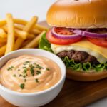 Hausgemachte Burgersauce mit Burger und Pommes – cremig und lecker