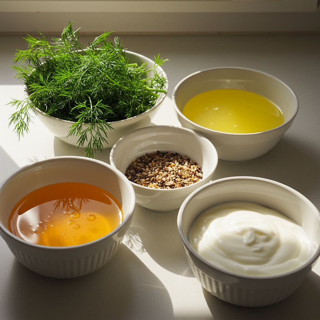 raw ingredients: dill, honey, seed, lemon juice, yogurt , in bowls
