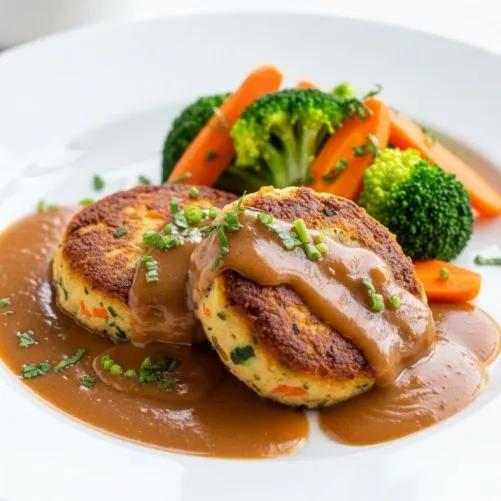 Vegetarische Bratlinge mit aromatischer Bratensoße und Beilagen