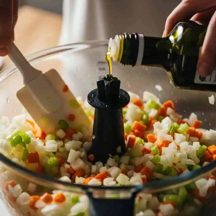 Das Soffritto ist das Herzstück jeder guten Bolognese. Geben Sie Zwiebel, Karotten, Sellerie und Knoblauch in den Mixtopf und zerkleinern Sie alles 5 Sek. / Stufe 5. Mit dem Spatel nach unten schieben. Fügen Sie das Olivenöl hinzu und dünsten Sie das Gemüse 5 Min. / 100°C / Stufe 1. Ihr Soffritto sollte duften und weich sein, aber nicht bräunen.