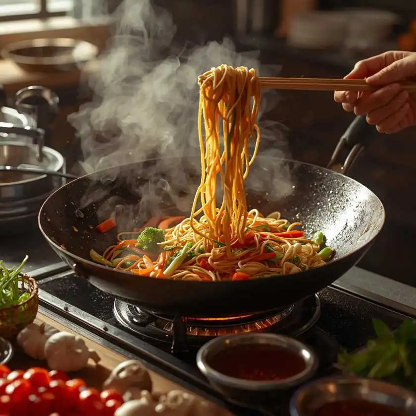 Hyper realistic high resolution scene of cooking stir fried noodles with vegetables in a busy kitche