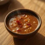 Realistic close up of a small bowl of Asian stir fry sauce for noodles shiny and glossy texture li