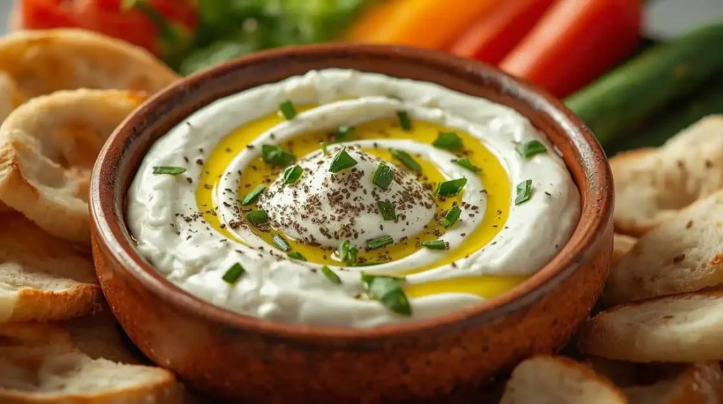 Ultra realistic food photography of a creamy Schafskäse feta cheese dip in a rustic ceramic bowl