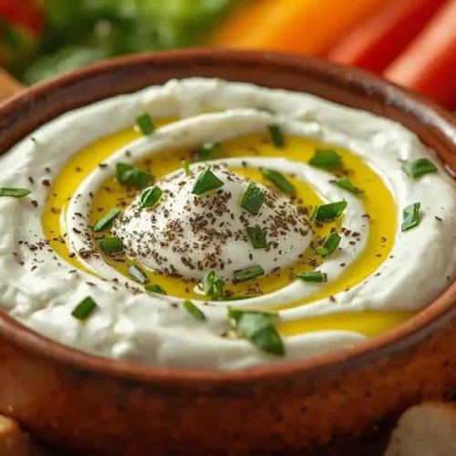 Ultra realistic food photography of a creamy Schafskäse feta cheese dip in a rustic ceramic bowl