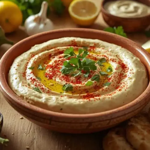 Ultra realistic food photography of a creamy aubergine dip Baba Ganoush served in a shallow rustic