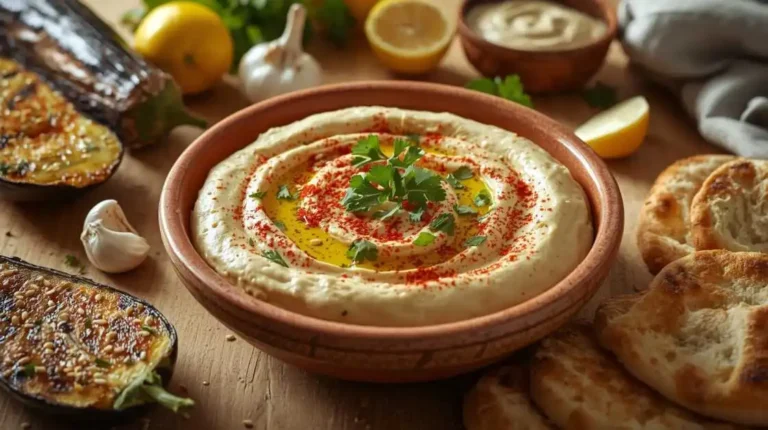 Ultra realistic food photography of a creamy aubergine dip Baba Ganoush served in a shallow rustic