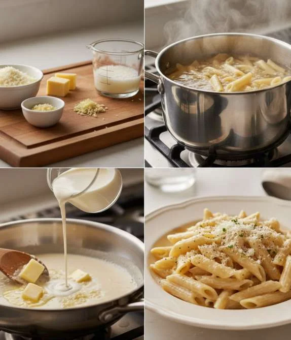 Ingredients process making Penne Alfredo