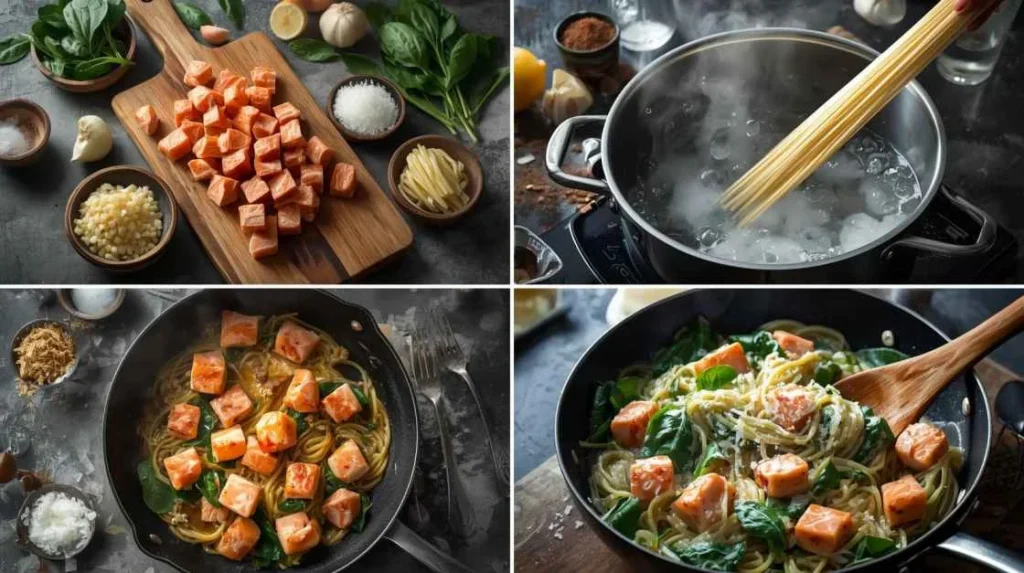 Process ingredients Cremige Spinat Lachs Pasta