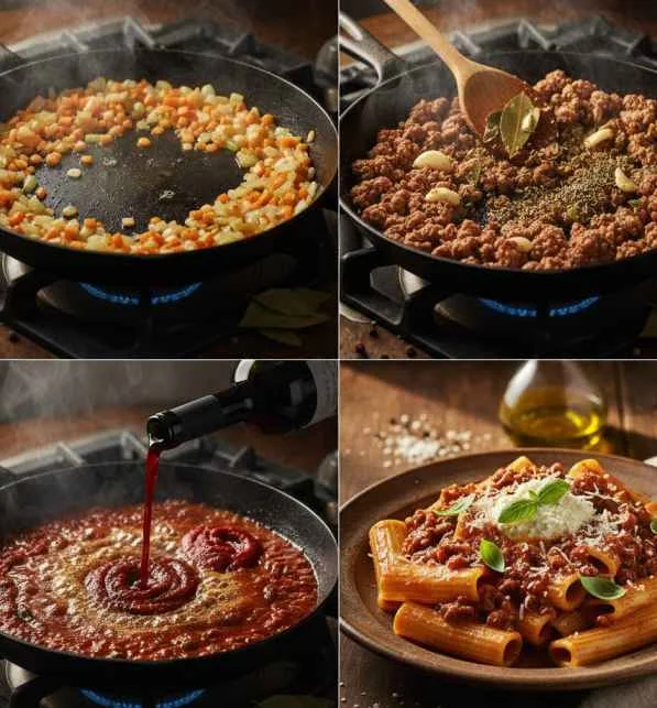 Process ingredients making Paccheri al Ragù