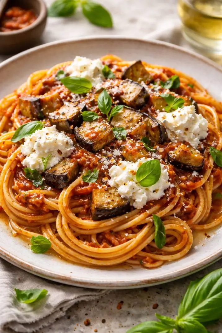 Spaghetti-alla-Norma-con-ricotta-y-albahaca