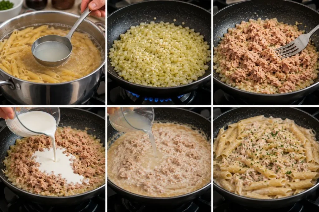 Thunfisch-Pasta – Schnelles Rezept in 15 Minuten (Cremig & Einfach) step by step to make pasta tuna